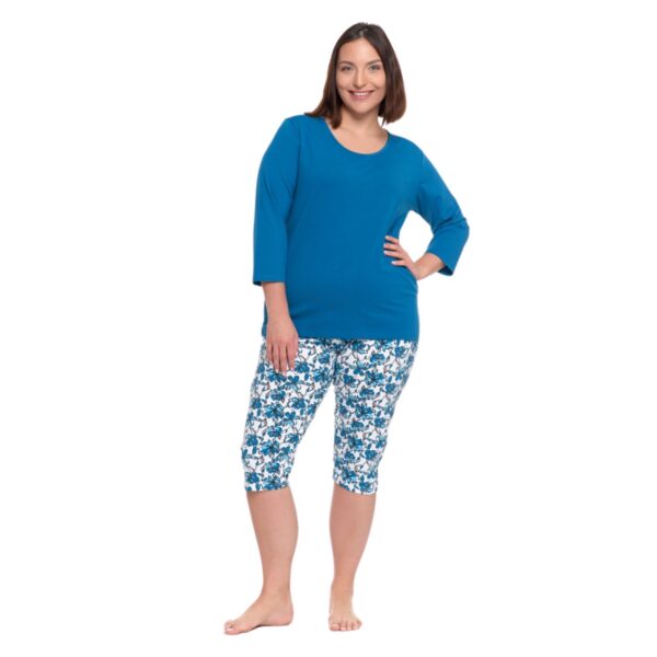 Piżama damska 3/4 rękaw bluza niebieska 3/4 spodnie w kwiatki Moraj PDD3500-009